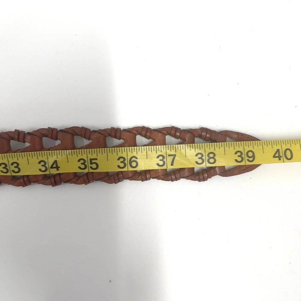 Mens Braided Woven Leather Belt Brown Solid Brass Buckle 36 Vintage 90s